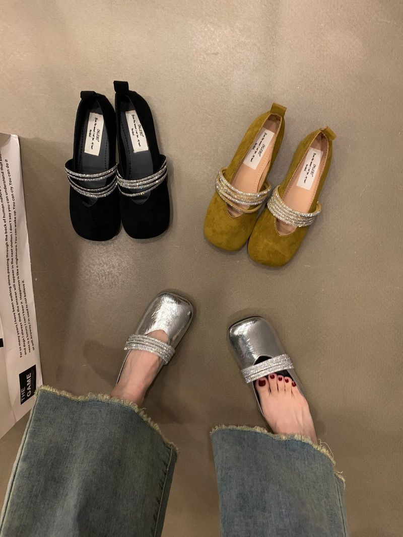 Strass mit Ballett-Mary-Jane-Schuhen, quadratischer Kopf im Frühling und Herbst, flacher Mund, vielseitige, flache französische, sanfte Einzelschuhe_voghion.com