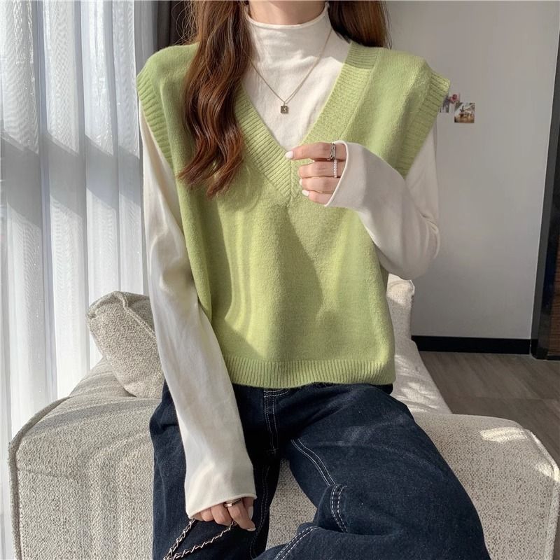 Ragazza Senza Maniche Lavorato a Maglia per Donna, Primavera e Autunno Sottile Scollo a V Largo Corto Capispalla Stratificato Maglione Base Camicia_voghion.com