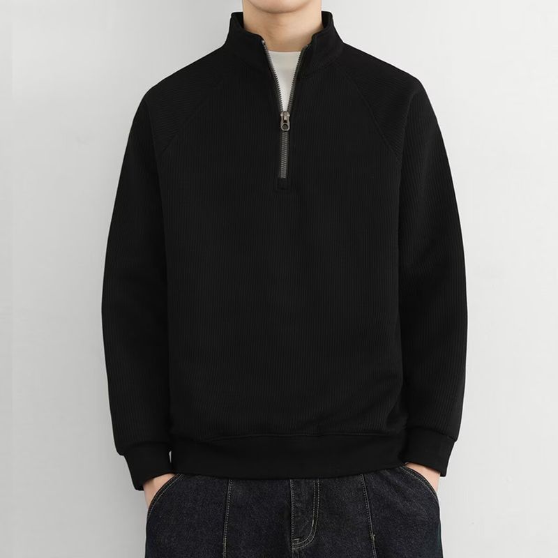 Felpa in pile minimalista con mezza zip - Pullover pesante e testurizzato con collo alto per uomo_voghion.com