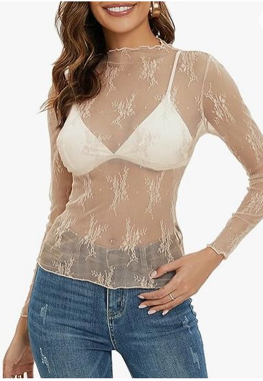 Haut transparent en dentelle et maille transparente - Chemisier sexy avec col montant et broderie florale_voghion.com