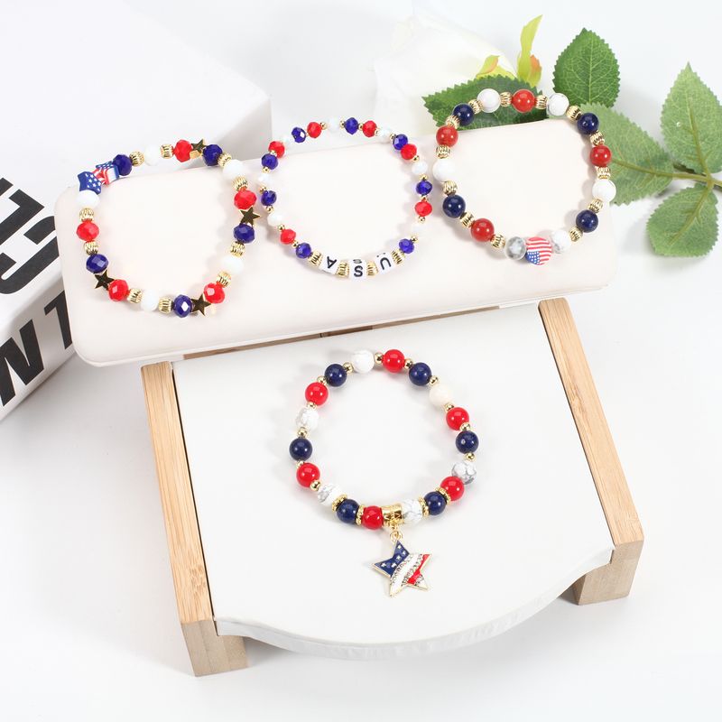 Handgefertigtes patriotisches Perlenarmband mit Natursteinen – USA-Flagge und Stern-Design – Unisex-Schmuck für Männer und Frauen, Größenverstellbar, Fünfzackiger Stern_voghion.com