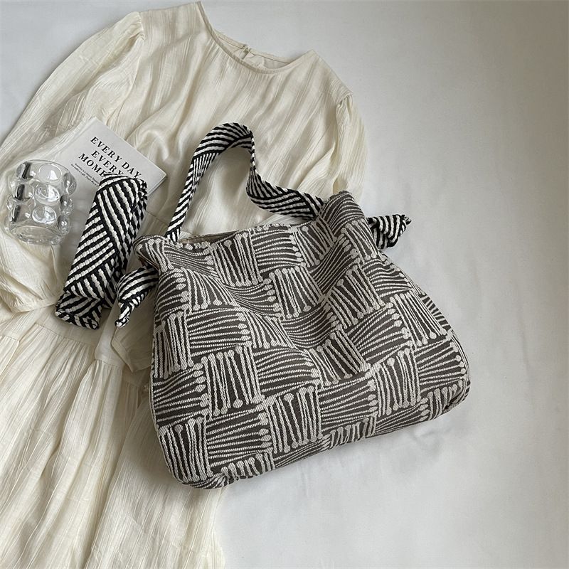 Underarm Forest Style Canvas Trendy Striped Shoulder Office Commute Large Capacity Women's Shopping Bag_voghion.com