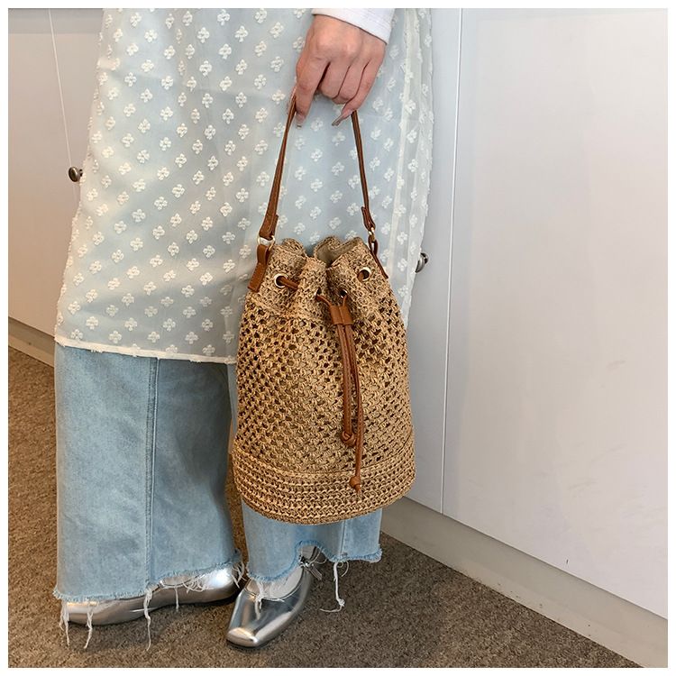 Borsa a secchiello da donna, borsa intrecciata, borsa a secchiello alla moda da donna, borsa di paglia, borsa da spiaggia, borsa a tracolla_voghion.com