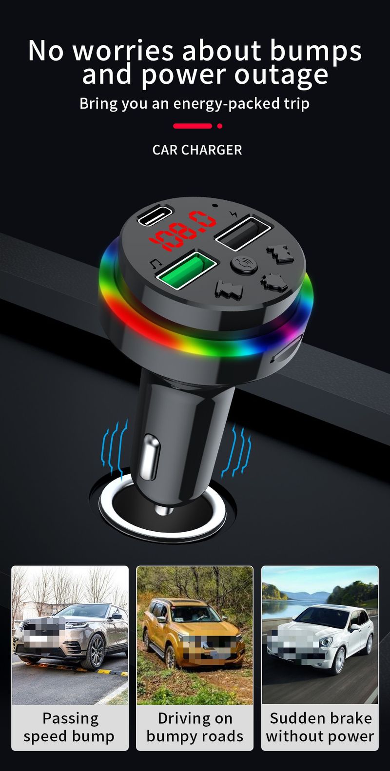 Car Charger Mobile Phone Charger Bluetooth Hands-free Call USB TYPE-C Port with Charging Function FM Transmission Frequency Colorful Ambient Light_voghion.com