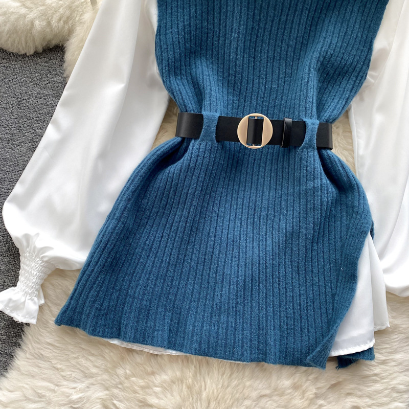 Set de două piese pentru femei, cămașă albă cu mâneci lungi și vestă din tricot despicat_voghion.com
