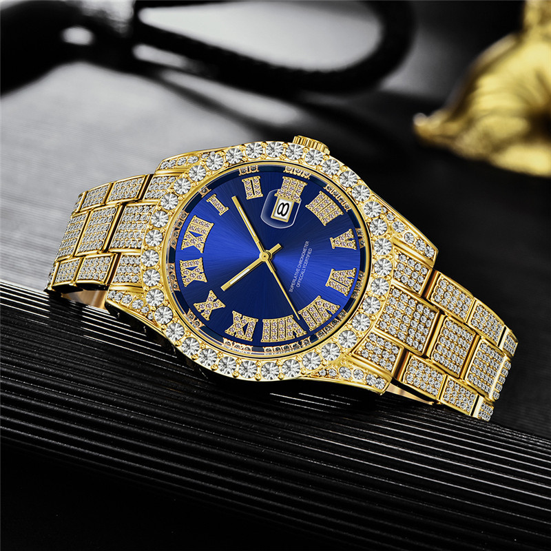 Hip Hop Brand Water Ghost Sky Star Set with Diamond Gold Calendar Quartz Watch Men's_voghion.com