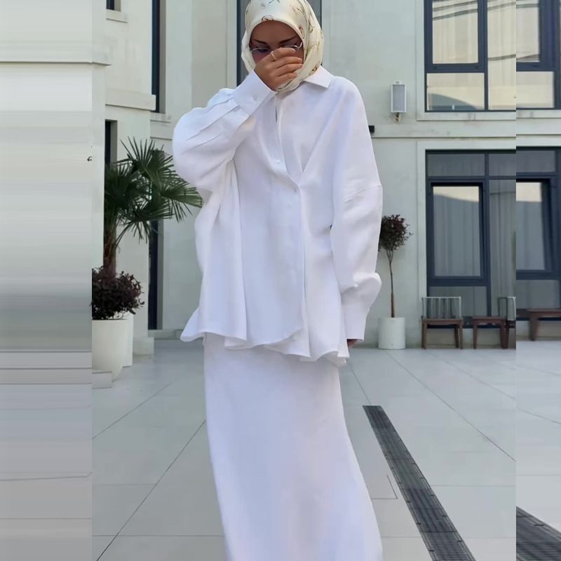 Ensemble deux pièces confortable pour femme arabe, haut ample à manches longues et jupe longue_voghion.com