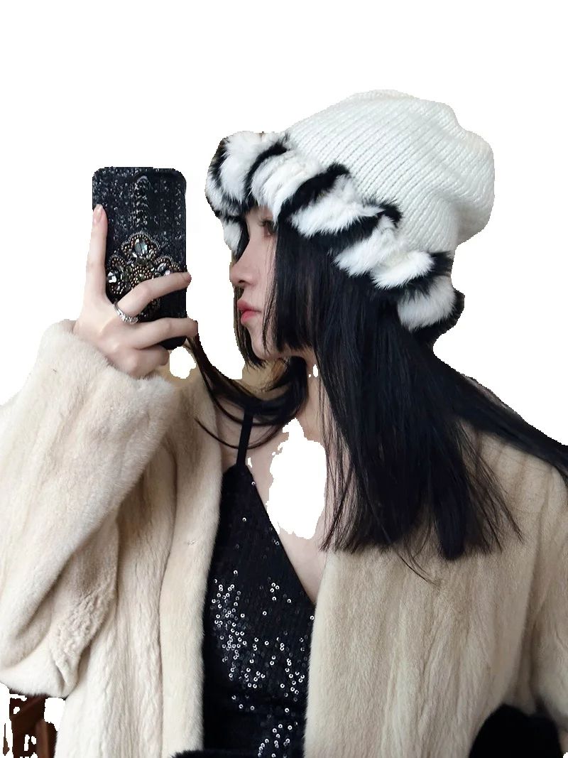 Duży pluszowy kapelusz damski, uroczy kapelusz w kształcie kuli dla dziewczynek na jesień i zimę, wyszczuplający dzianinowy kapelusz_voghion.com