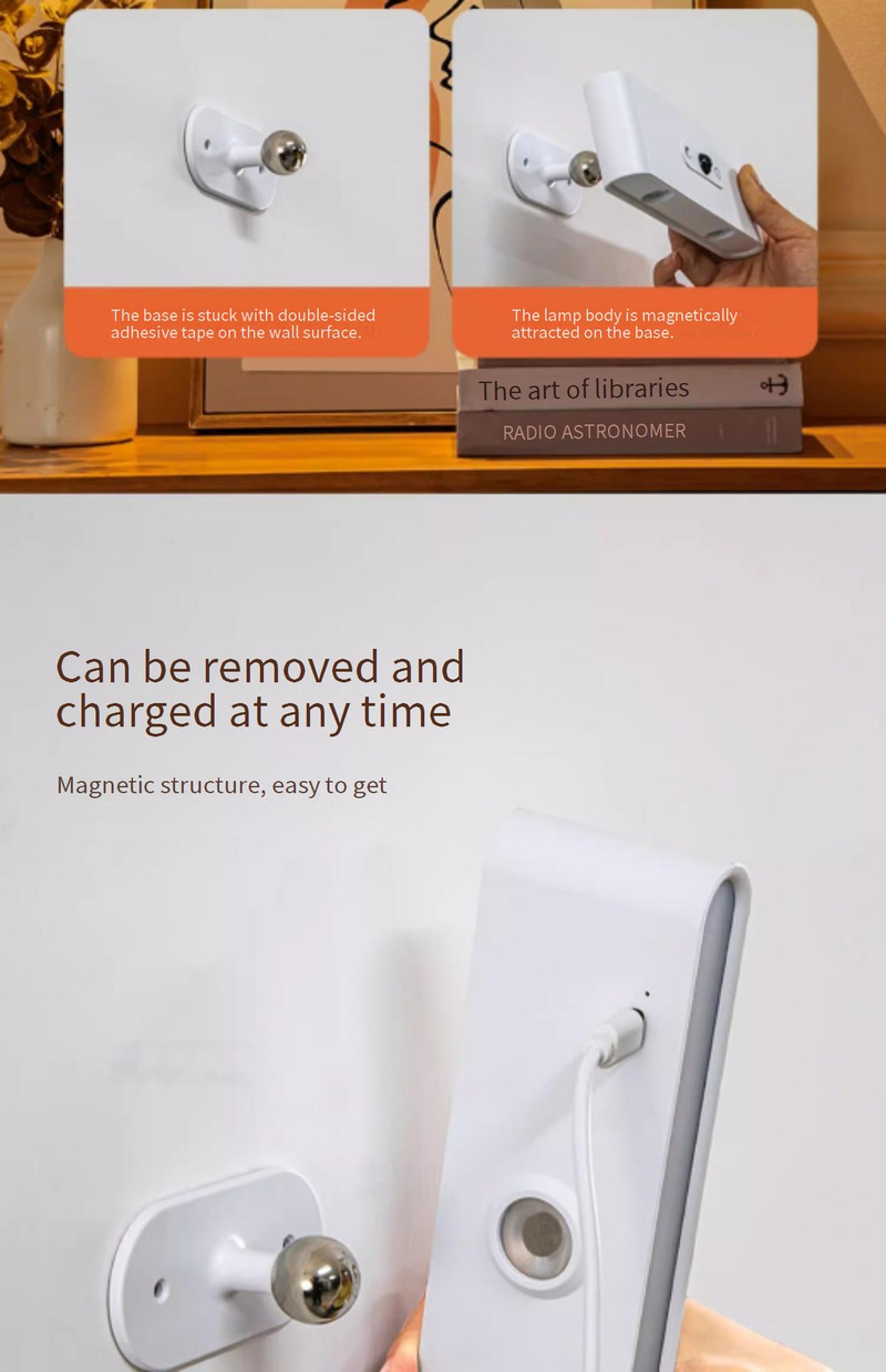 Lampada da comodino LED magnetica ricaricabile - Telecomando wireless, senza cavi né fori, sensore touch e dimmerabile (regolabile a 360°)_voghion.com