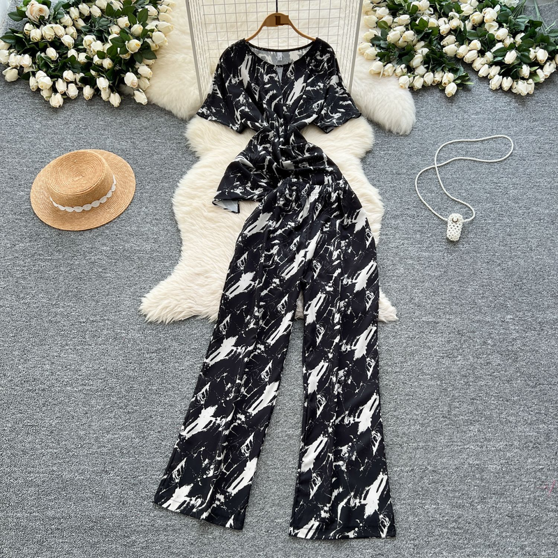 Women's Clothing Two Piece Suit Cross Waist Round Neck Short Sleeves Printed Top High Waist Casual Wide Leg Pants_voghion.com