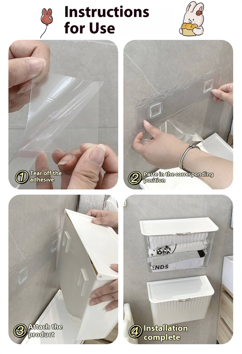 Wandmontierter Toiletten-Organizer – Transparente/weiße PP-Aufbewahrungsbox für Damenbinden und Kosmetika (Modernes, minimalistisches, platzsparendes Badezimmerregal)_voghion.com
