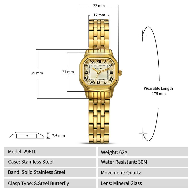 BERNY Gold Watches For Women Dainty Rectangular Case Roman Dial Small Vintage Bracelet Watch Stainless Steel Waterproof Analog Quartz Wrist Watch_voghion.com