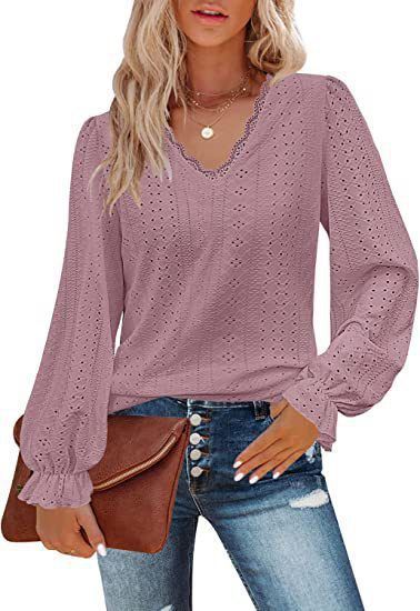 Maglietta con scollo a V da donna, nuova stagione 2025, autunno, casual, con maniche arricciate e traforate_voghion.com