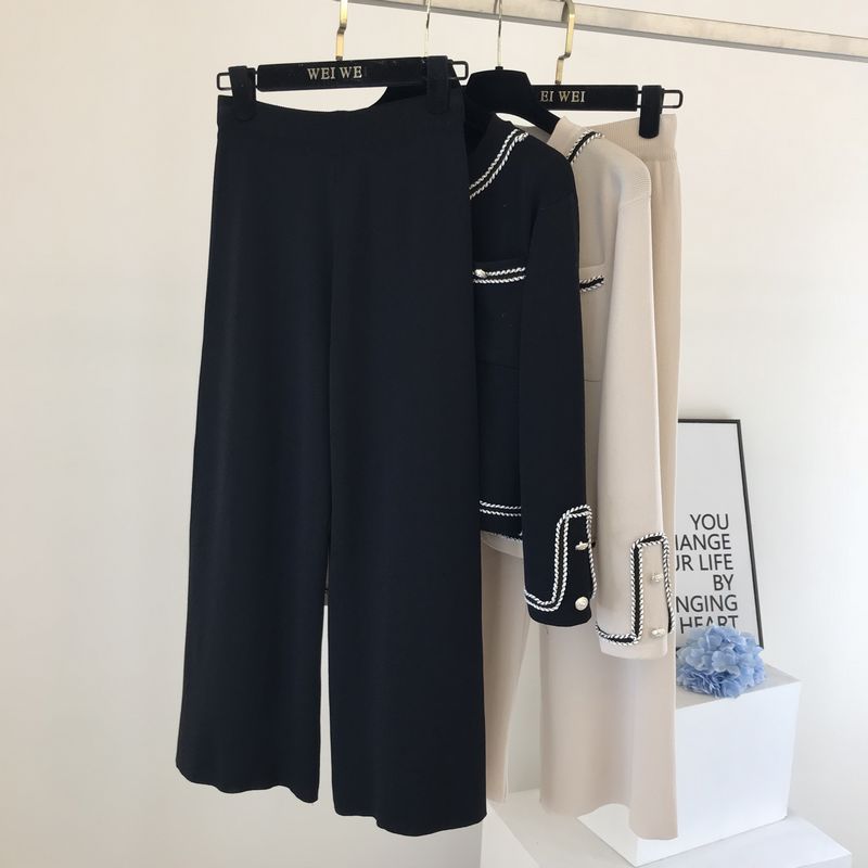 Kadın moda yuvarlak boyun örme hırka üst geniş bacak pantolon iki parçalı set_voghion.com
