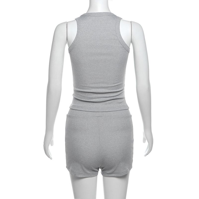 Damenbekleidung Herbstmode Lässig Rundhals Einfarbig Slim Fit I-förmige Weste Hohe Taille Shorts Anzug_voghion.com