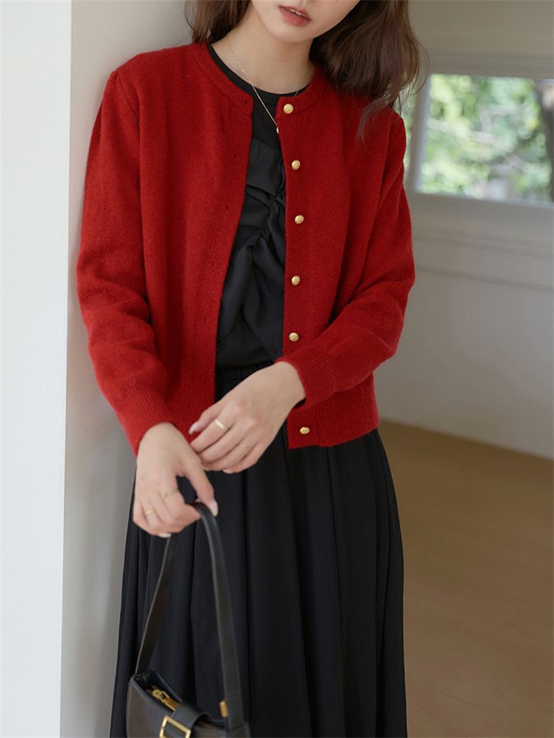 Cardigan lavorato a maglia con scollo rotondo e bottoni dorati, da donna, coreano, delicato, autunno 2024, casual, basico, giacca_voghion.com