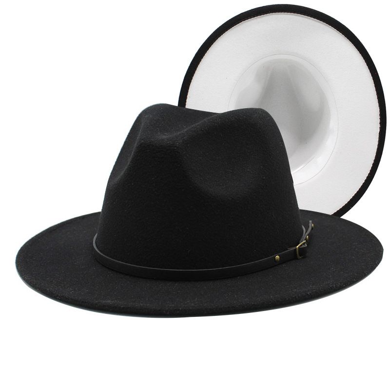 New men's women's woolen top fashionable red and black color matching hat, belt, flat brim jazz hat_voghion.com