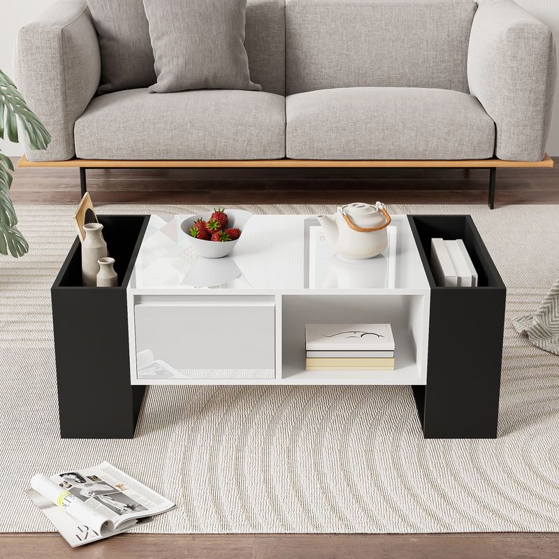 Divano moderno 105x60x40.5 Cm In Schwarz-Weiß, Hochglänzend, Mit Schublade Und 4 Fächern_voghion.com
