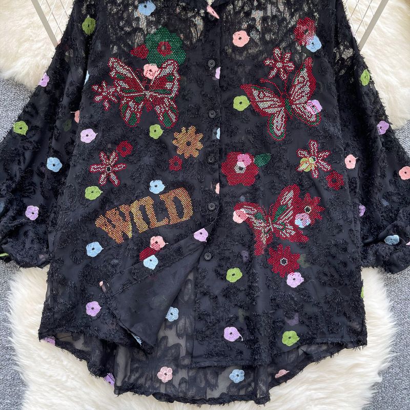 Chemise à manches longues à revers en diamant pour femme, broderie tridimensionnelle, style nouveau, tendance, ample, slim, ludique, printemps_voghion.com