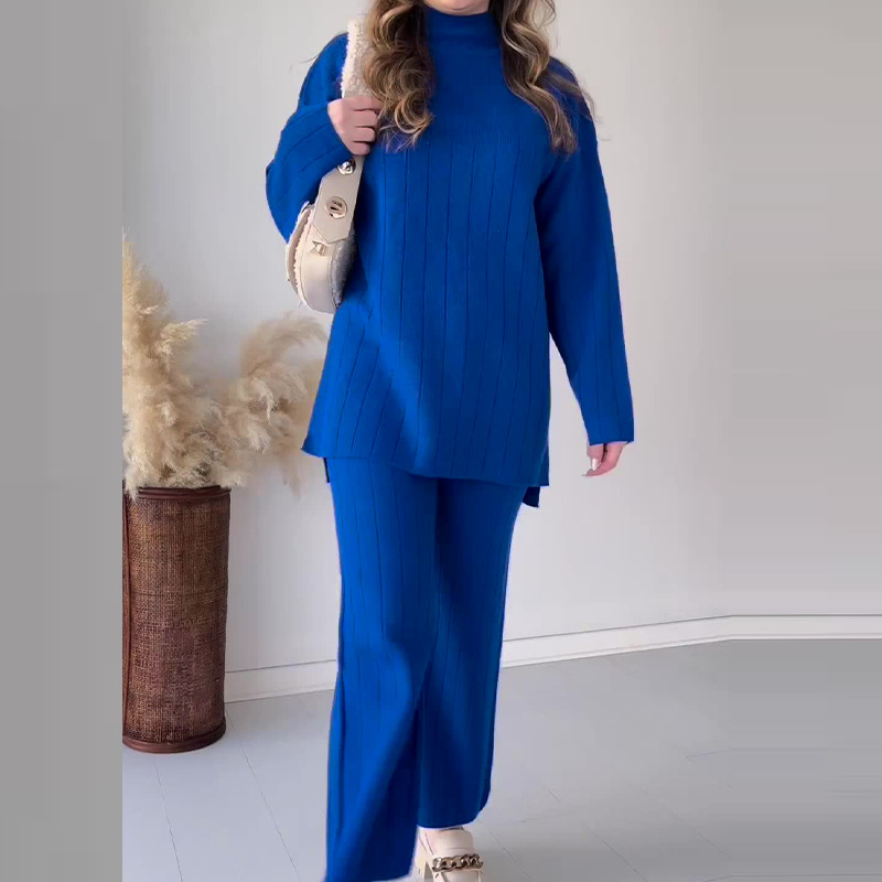 Women's Clothing fashion solid color round neck mid-length casual loose sweater suit_voghion.com