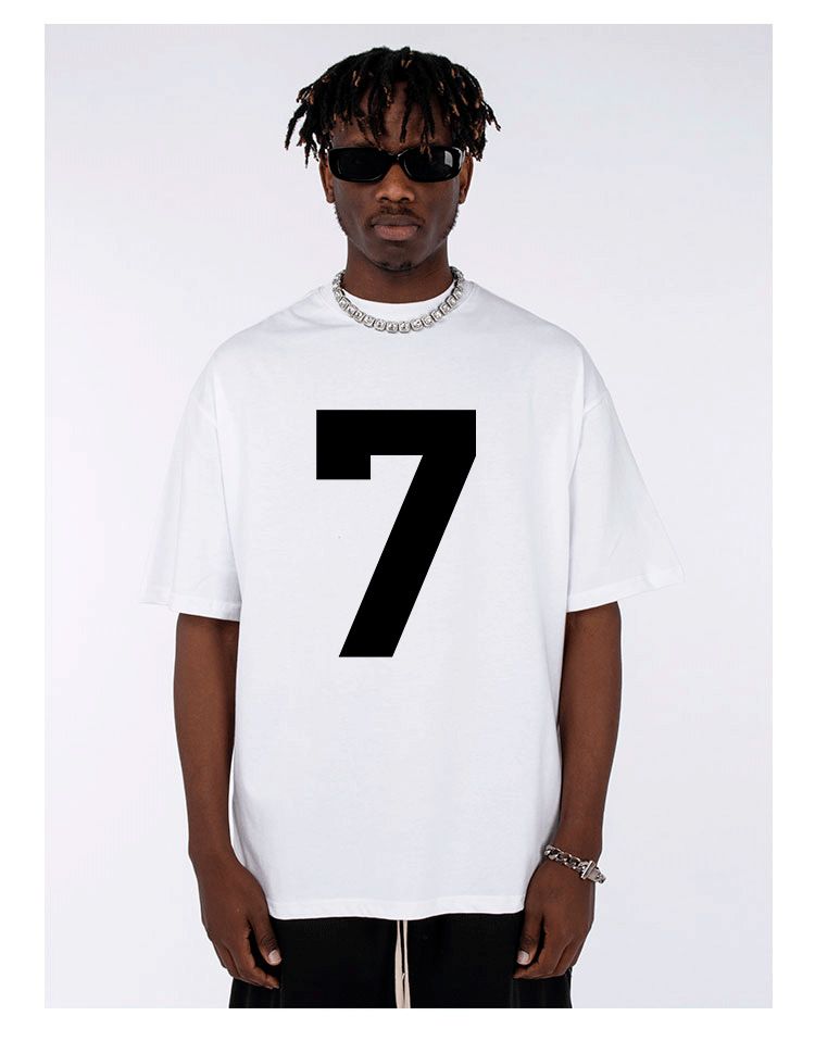 vêtements pour hommes Heavy Xinjiang Cotton Numéro 7 Imprimé Américain Petit Col T-shirt à Manches Courtes pour Hommes et Femmes High Street Lâche Demi-Manches_voghion.com