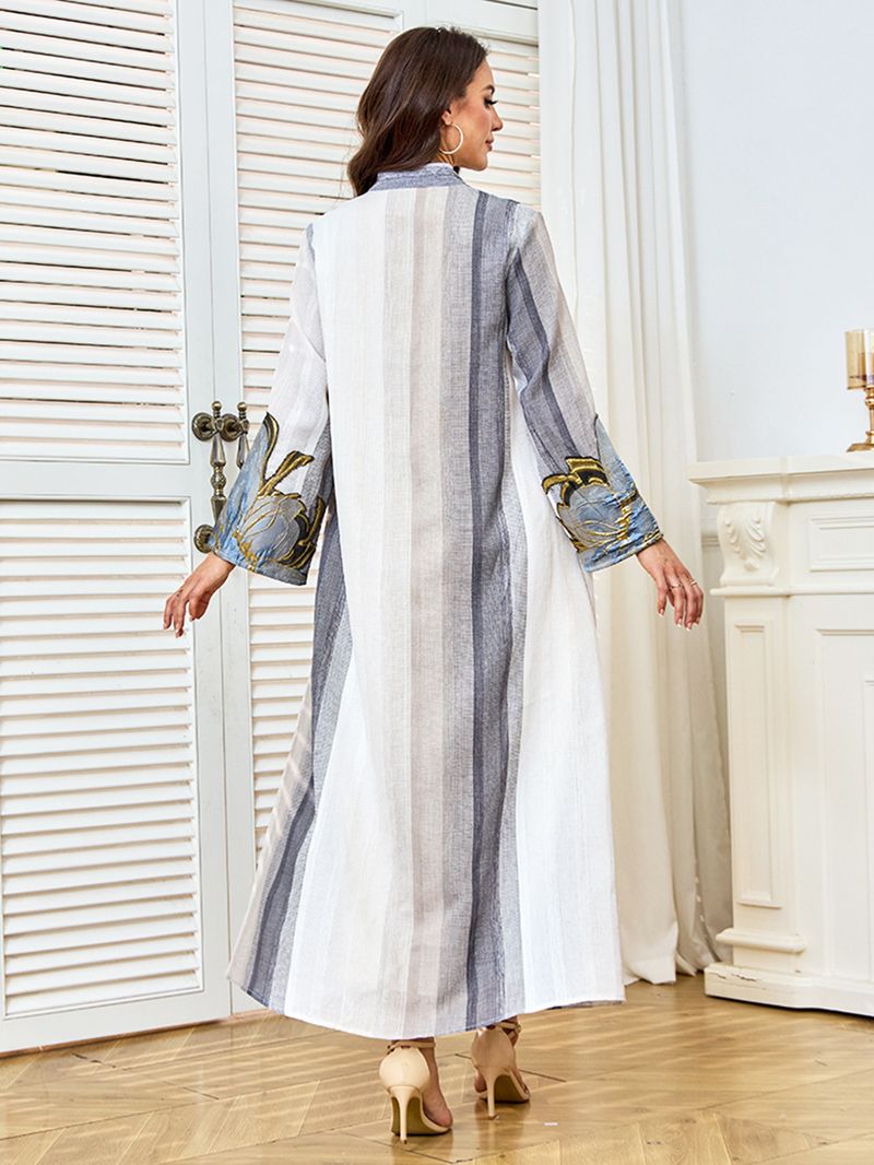 Elegantes besticktes Abaya-Kleid mit Blumenapplikation – Locker sitzendes Langarm-Maxikleid für Damen, atmungsaktives Polyester, Beige (S-XXL)_voghion.com