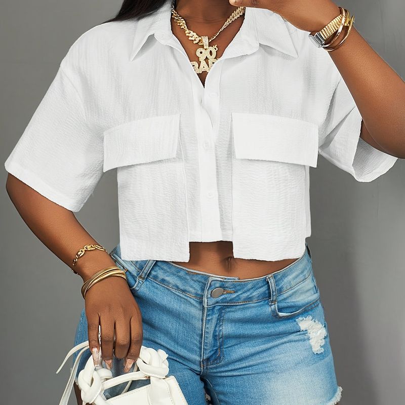 European Size Casual Pocket Solid Color Sleeve Collar Loose Short Drop Shoulder Women's Shirt_voghion.com