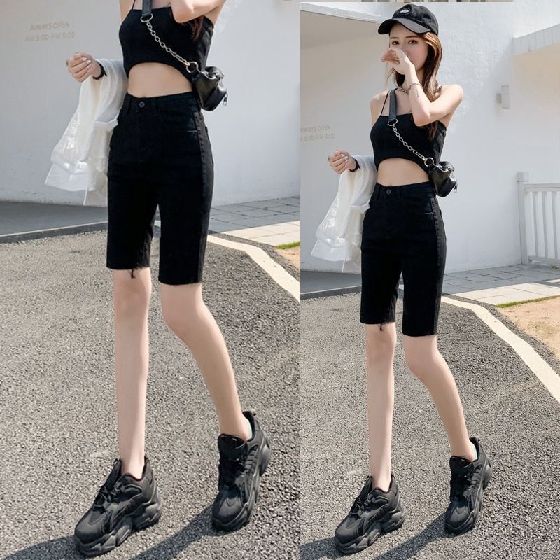 Short cycliste moulant taille haute élastique en denim noir pour femme, nouvelle collection été 2024, tube droit en maille rouge amincissant, 5 pouces_voghion.com
