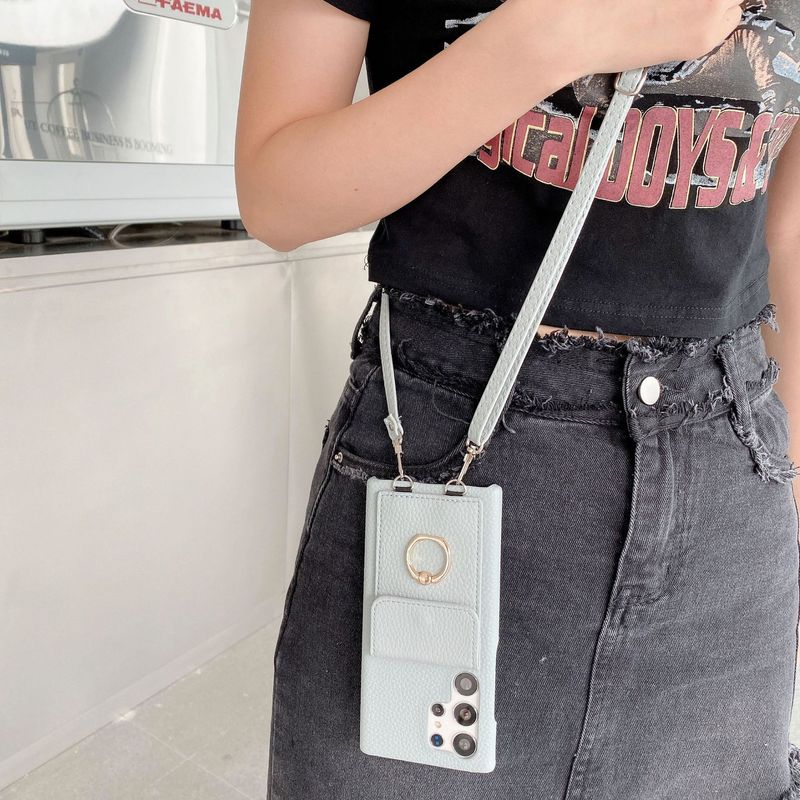 Mobile phone case Suitable for Samsung S23Ultra litchi pattern card ring buckle lanyard mobile phone case S21/S22/A52 cross-border model_voghion.com