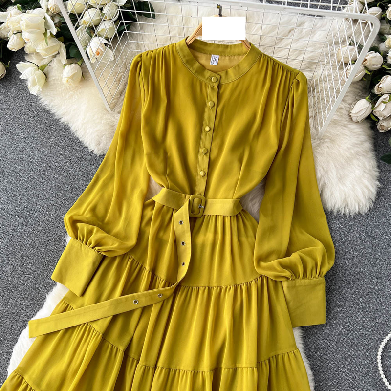 Kadın V yaka tek göğüslü şifon Fransız vintage bel zayıflama büyük salıncak A-line uzun etek_voghion.com