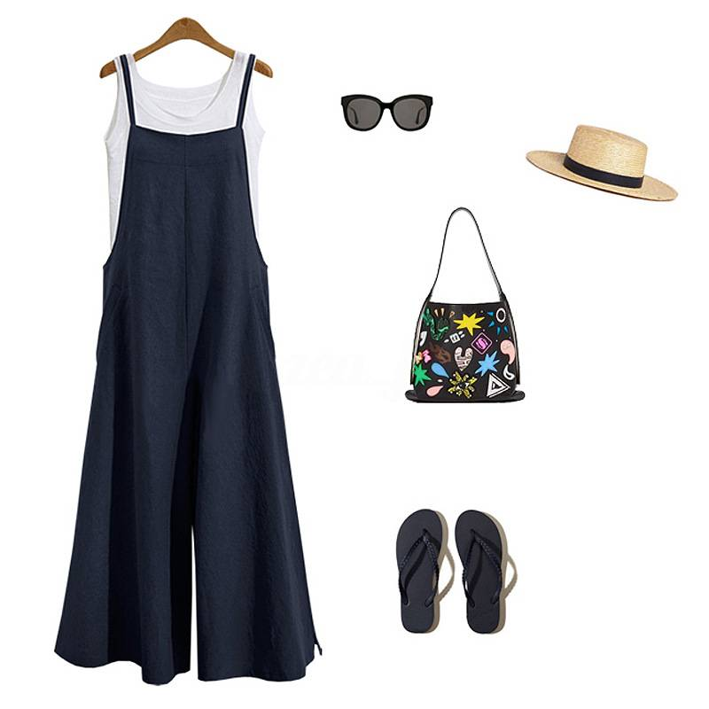 Women Straps Jumpsuit Summer Solid Color Wide Leg Pants Dungaree Bib Overalls Casual Loose Sleeveless Cotton Linen Jumpsuits 5Xl_voghion.com