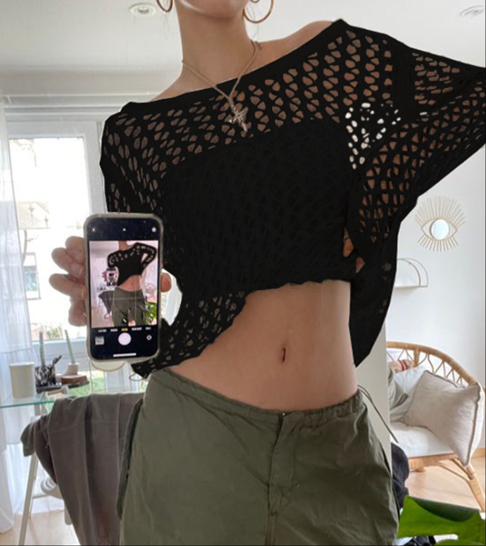 Casual Weiß Pullover Pullover Aushöhlen Fishnet Sommer Mode Lose Smock Langarm Y2k Löcher Hemd Frauen Harajuku_voghion.com
