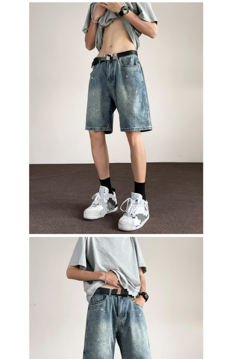 Ink Splashed Denim Shorts Men's Retro Street Loose Straight Shorts High Street Trend Solid Color Versatile Casual Shorts_voghion.com