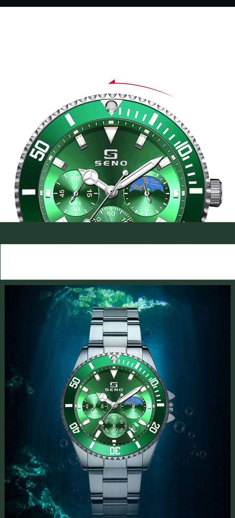 Montres pour hommes Montre de sport pour hommes Vert Lumineux Étanche Fantôme Multifonction 6 Broches Montre à quartz Mode Affaires_voghion.com