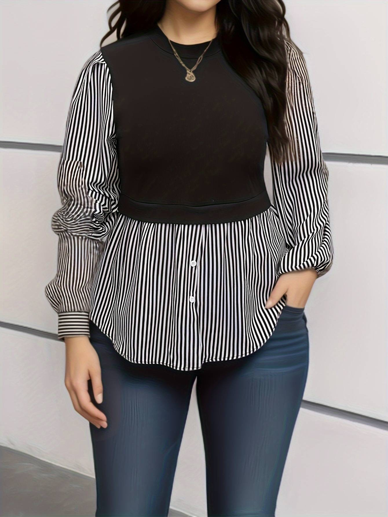 Women's Clothing Plus Size Clothes Patchwork Striped Shirt – Oversized Button-Down Blouse For Women, Loose Fit & Comfortable (0XL-4XL, Black)_voghion.com