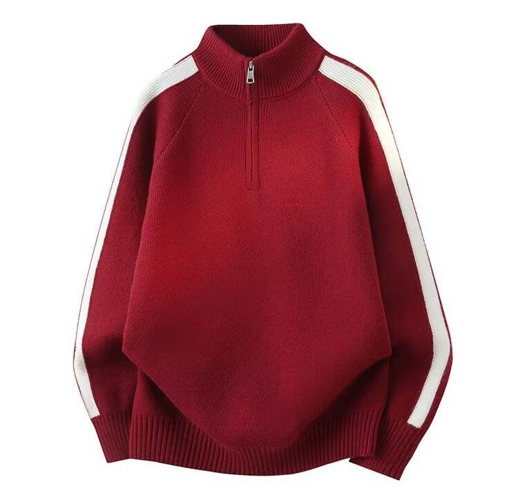 Men's Half-Zip Striped Sweater – Stand Collar Loose Fit Pullover (Black, Grey, Red, White, M-XXXL)_voghion.com