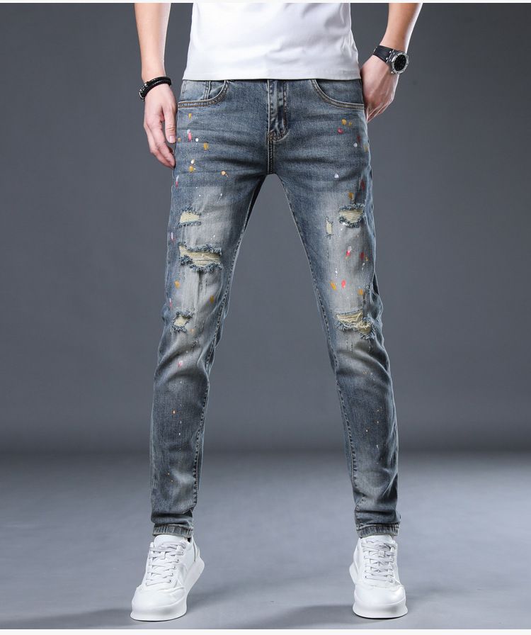 Painted trendy elastic youth distressed jeans slim fit spring/summer small leg denim men's pants_voghion.com