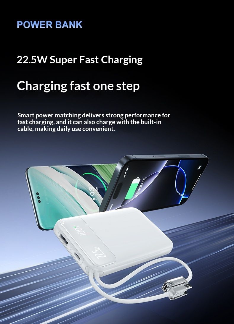 Nouvelle batterie externe transfrontalière ultra-mince de 20 000 mAh avec charge ultra-rapide (22,5 W) et câble inclus, cadeau personnalisé_voghion.com