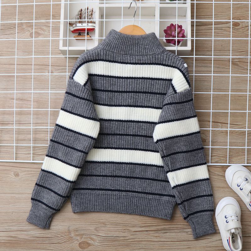 Strickjacke aus Lammwolle für Mutter und Kind, weicher, warmer Strickpullover für große Kinder (ab 8 Jahren), gestreiftes Design, lange Ärmel, Stehkragen (Grau/Marineblau)_voghion.com