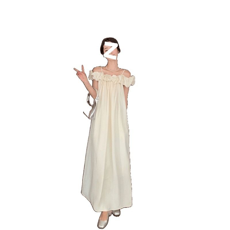 Ärmelloses Trägerkleid im französischen Stil, locker, elegant, für den Urlaub, einfarbig, schlankmachend, neu, Apricot, Pendler, langes Kleid_voghion.com
