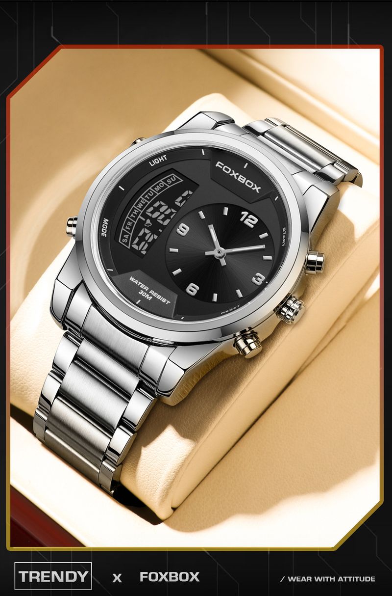 Men's Waterproof Luminous Analog Digital Watch With Alarm Chronograph, Stainless Steel Band, Mineral Glass, 43mm Round Case_voghion.com