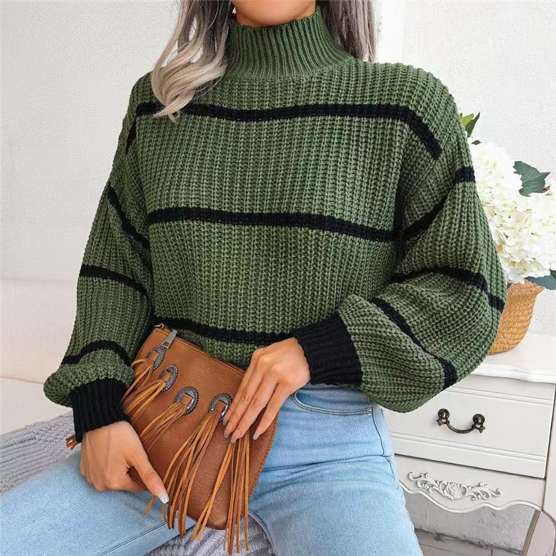 Suéter feminino casual listrado com manga lanterna e meia gola alta_voghion.com