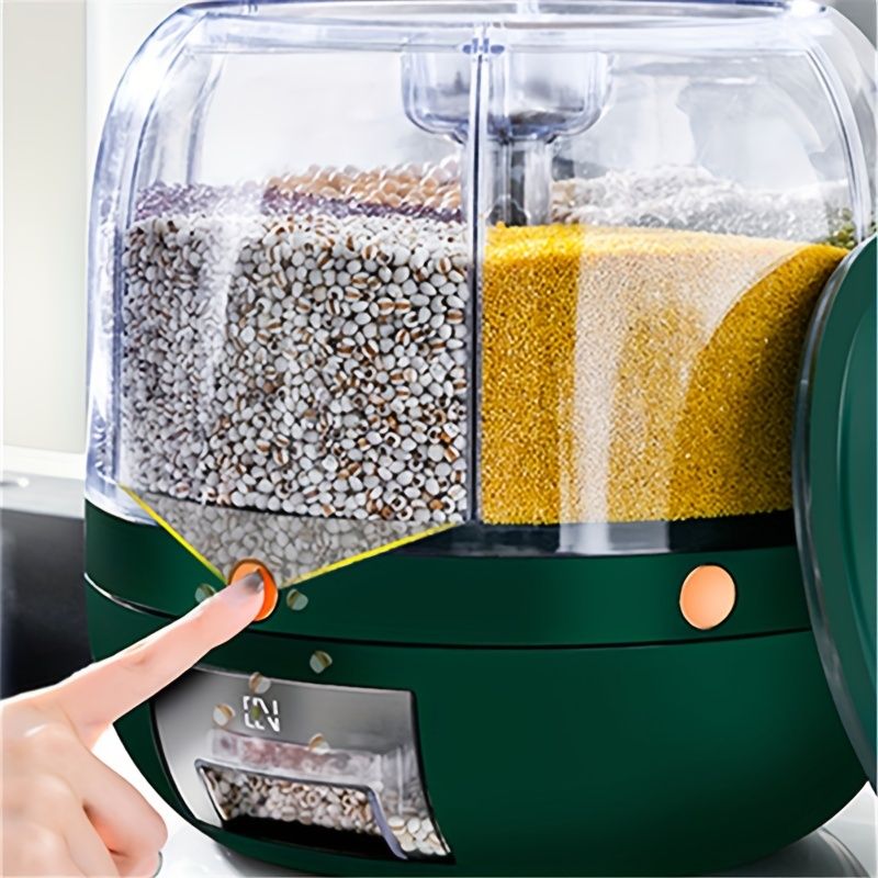 1pc 360-degree Rotating Grain Storage Box With 6 Compartments And Measuring Cup, Automatically Dispenses Rice With Press Button_voghion.com