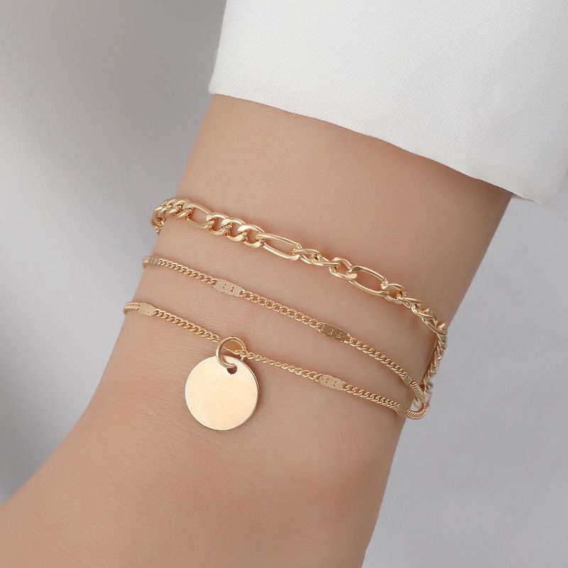 Eenvoudige retro legering schijf hanger ketting dames 3-laags armband sieraden_voghion.com
