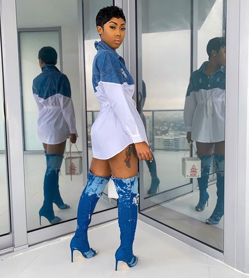 Moda femminile Camicia in denim alla moda con gonna slim fit allacciata_voghion.com