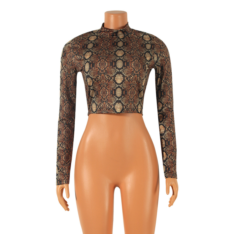 Abbigliamento da donna camicia corta a maniche lunghe con fondo a mezzo dolcevita e top con stampa serpente_voghion.com