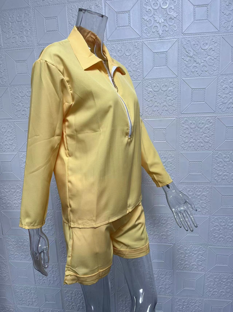 Completo da donna alla moda, pantaloncini con cerniera stampata a maniche lunghe, set da due pezzi_voghion.com