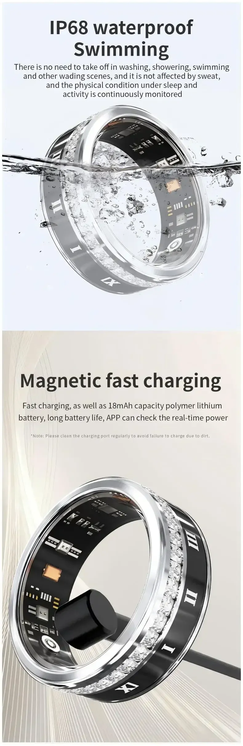 Diamant mit magnetischen Schnelllade-Smart-Ringen, Blutsauerstoff-/Herzfrequenz-/Schlafüberwachung, IP68 5ATM, Sport-GPS-Tracking-Ringe_voghion.com