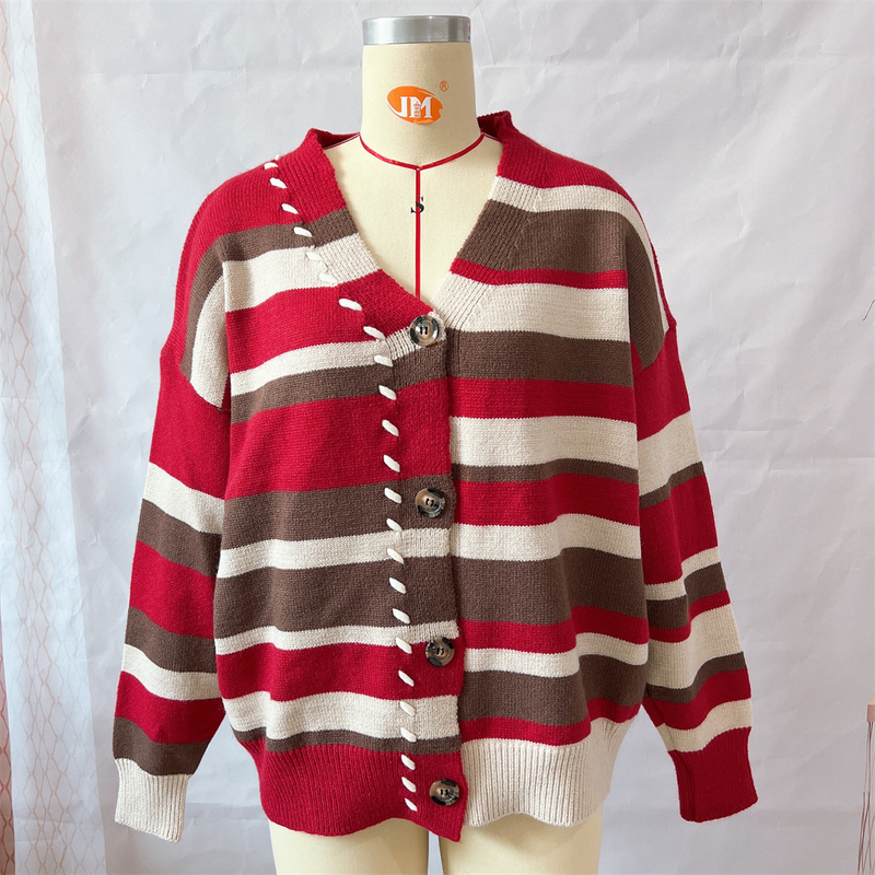 Autumn and winter new camouflage striped hand hooked rope single-breasted long-sleeved knitted cardigan sweater_voghion.com