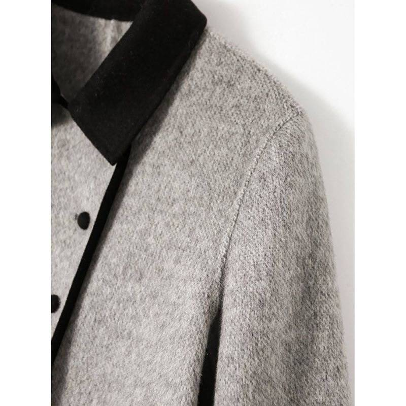 Kadın Giyim retro yeni moda çift düğmeli rahat orta uzunlukta mizaç kontrast renk küçük yaka yün ceket kadınlar için_voghion.com